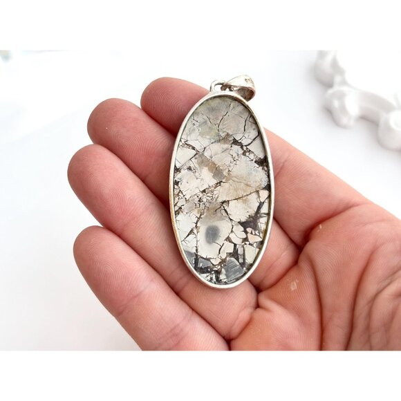 Maligano Jasper Oval Shaped Large Sterling Silver 925 Vintage Statement Pendant - Picture 9 of 10